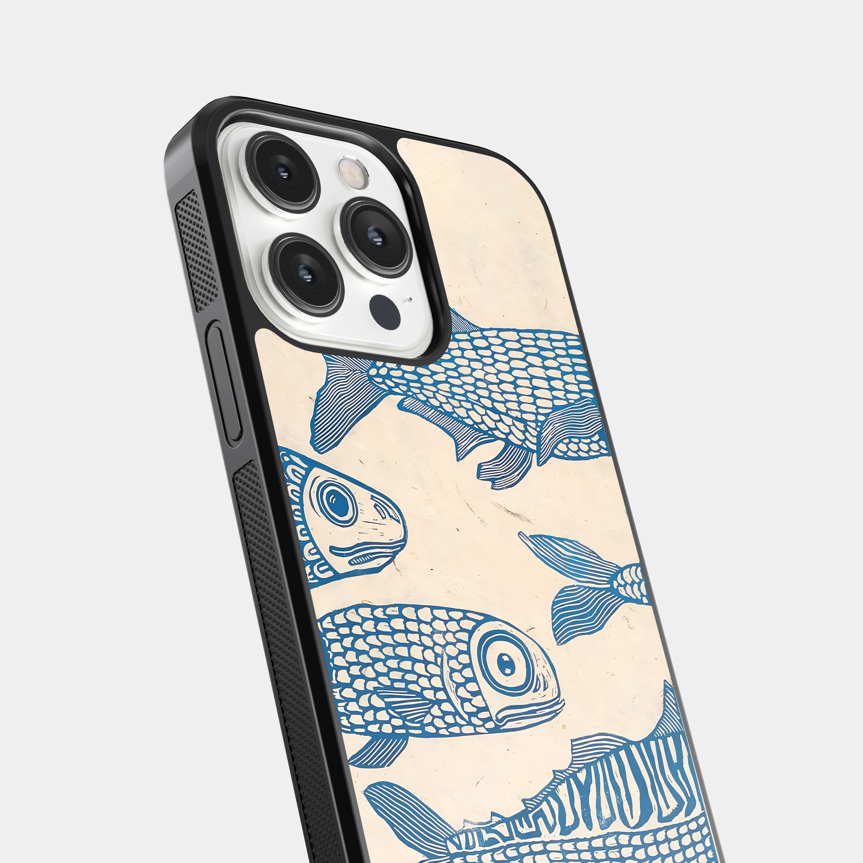 Blue Linocut Fish Mobile Case - Vintage Style Ocean Art