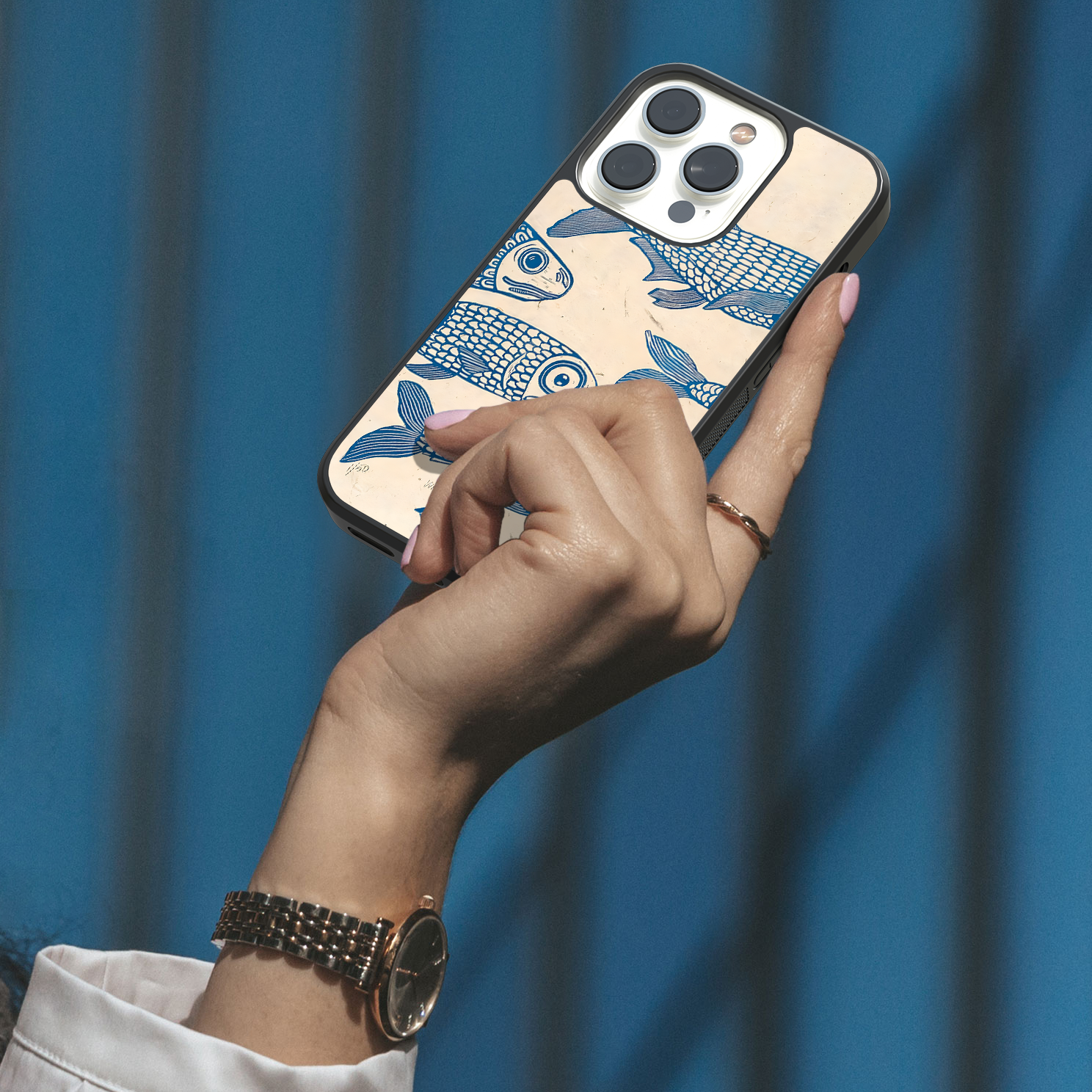 Blue Linocut Fish Mobile Case - Vintage Style Ocean Art