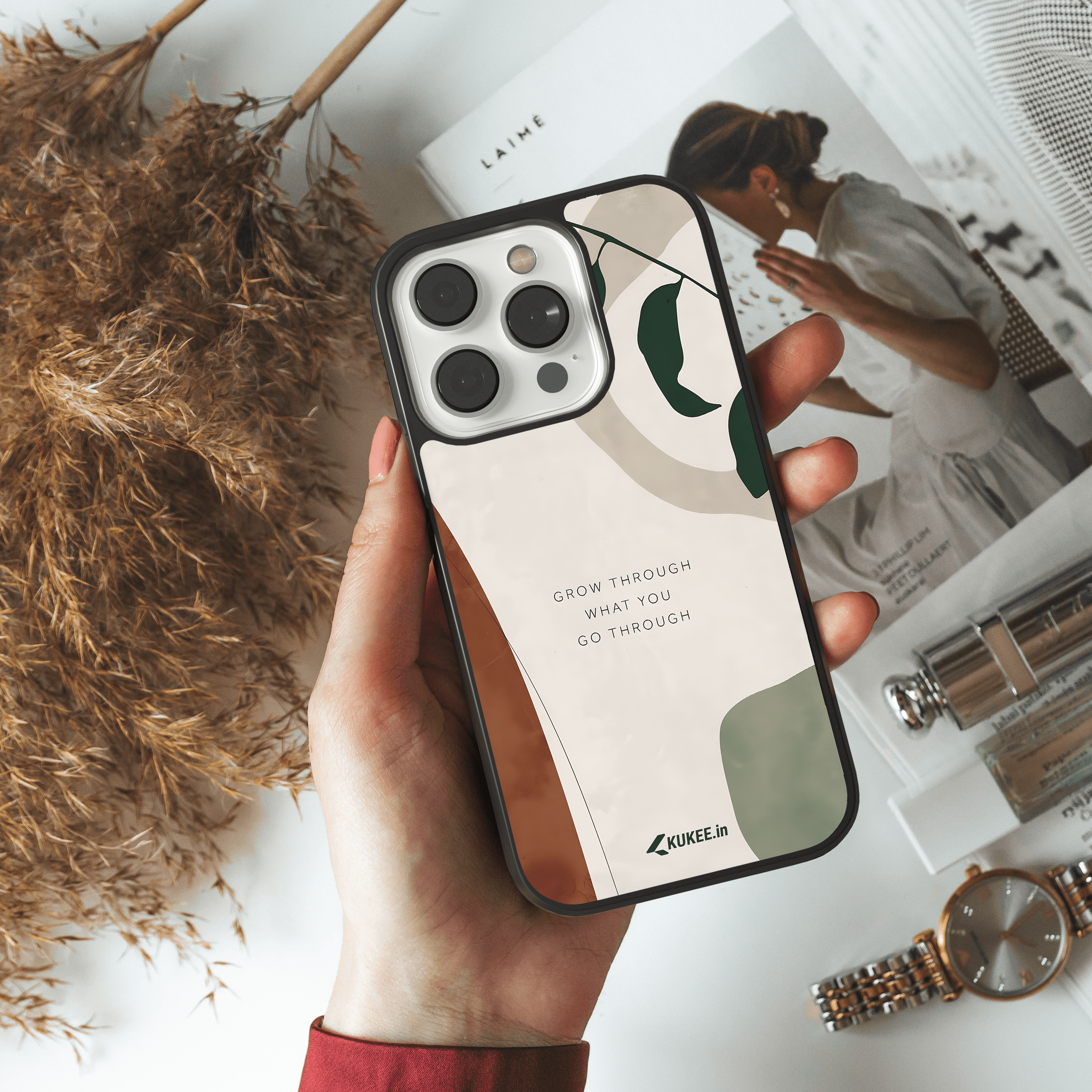 Grow Through What You Go Through - Positive Quote with Modern Leaf Design