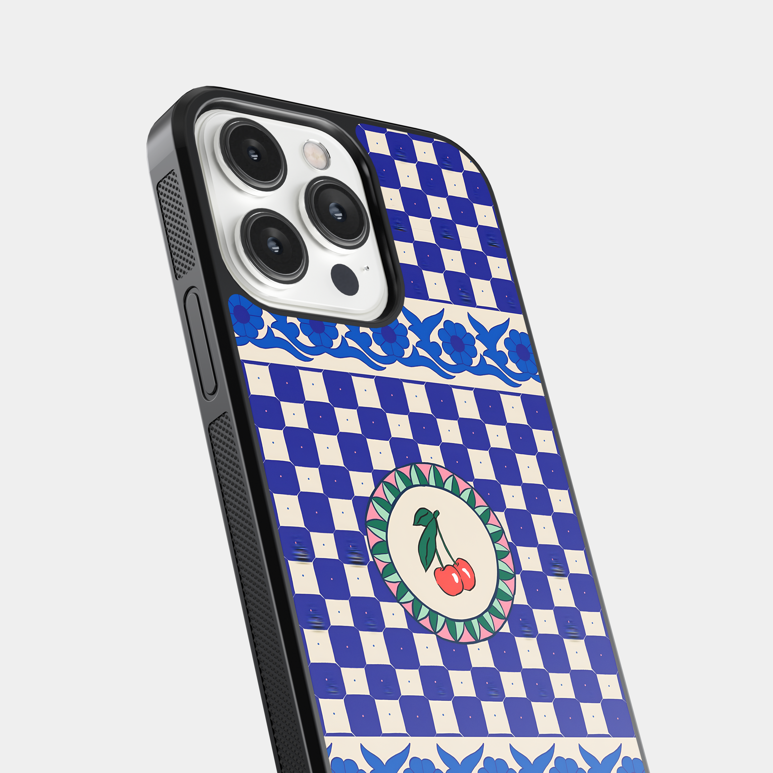 Vintage Style Floral Border Mobile Cover with Central Cherry Design