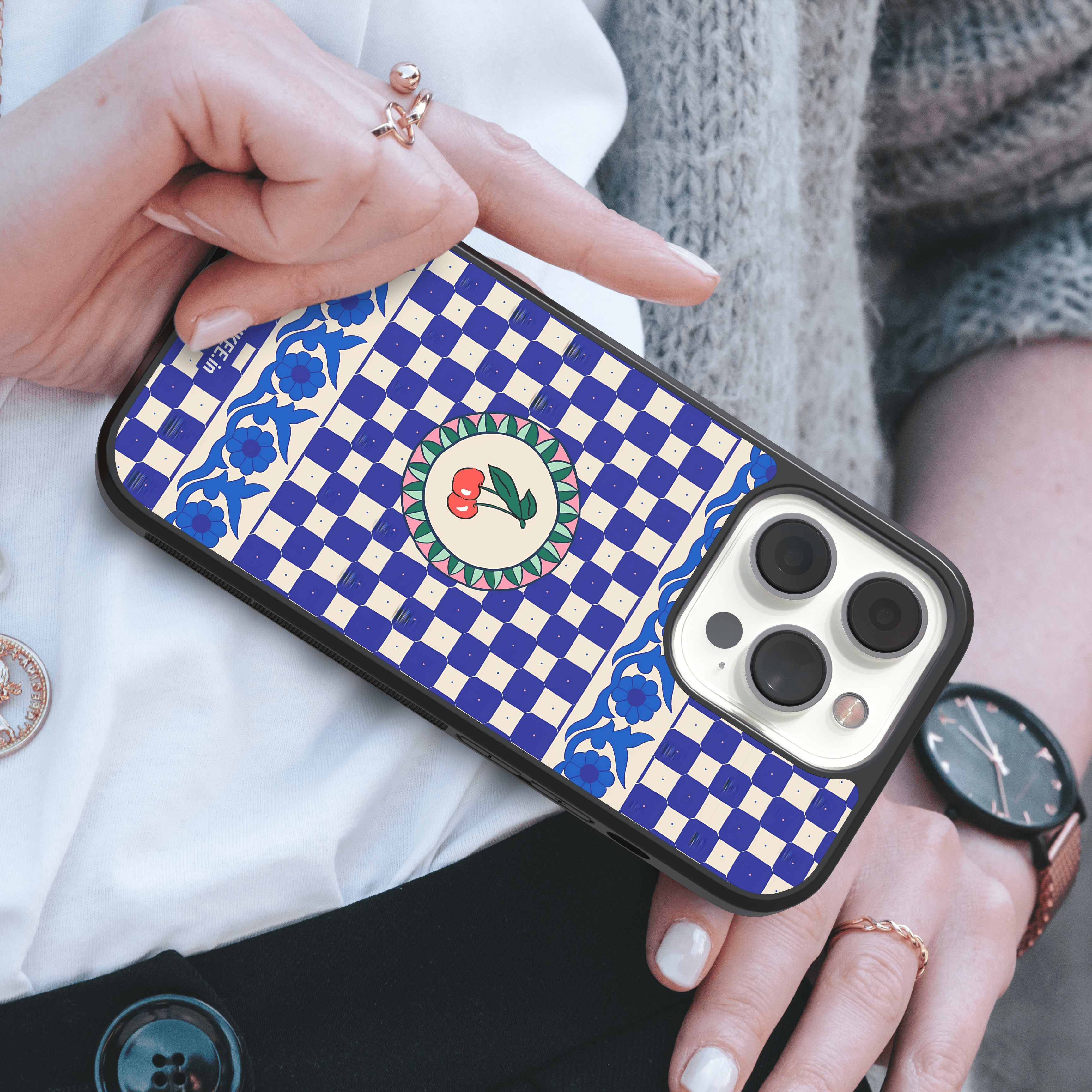 Vintage Style Floral Border Mobile Cover with Central Cherry Design