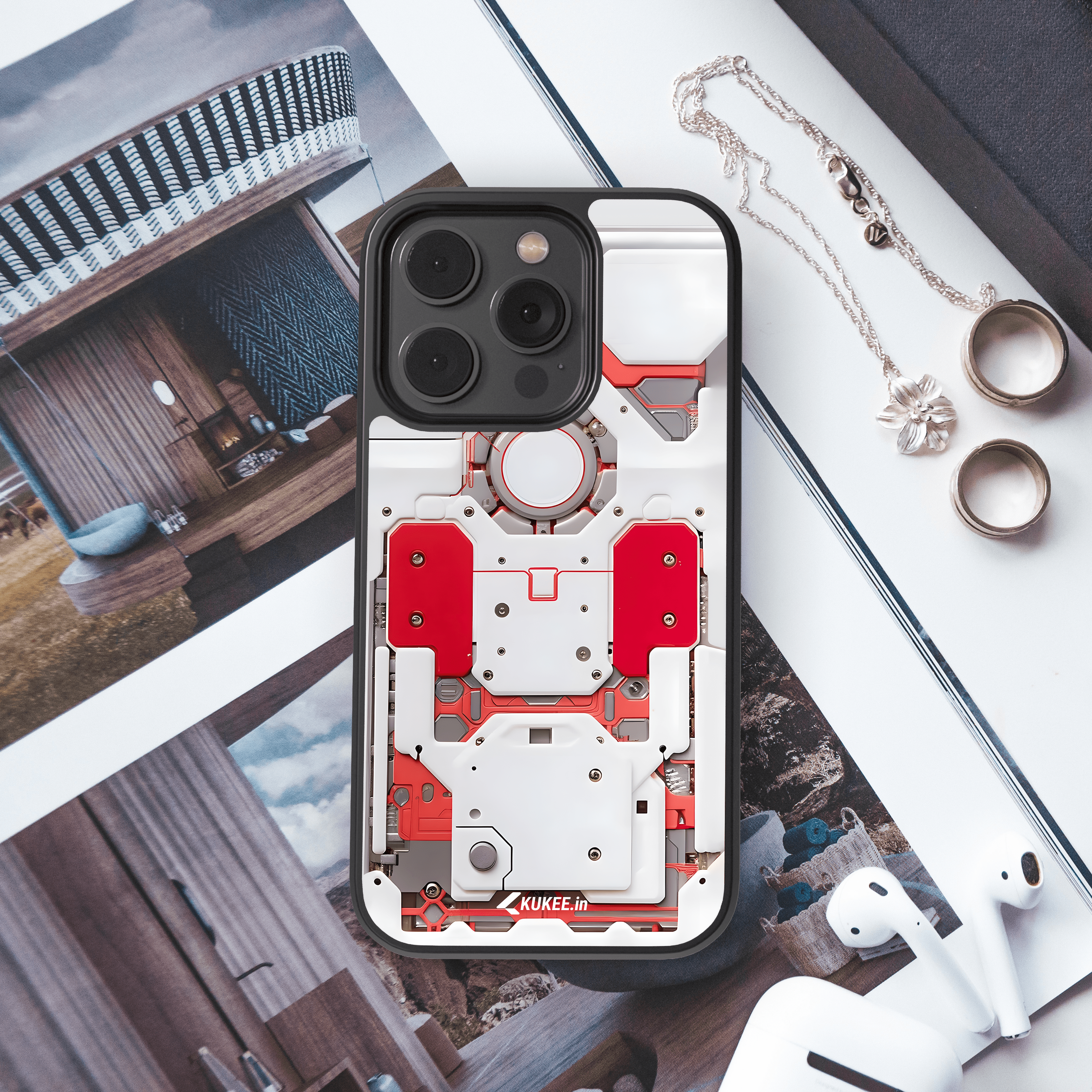 White and Red Futuristic Tech Mobile Case - Abstract Sci-Fi Design