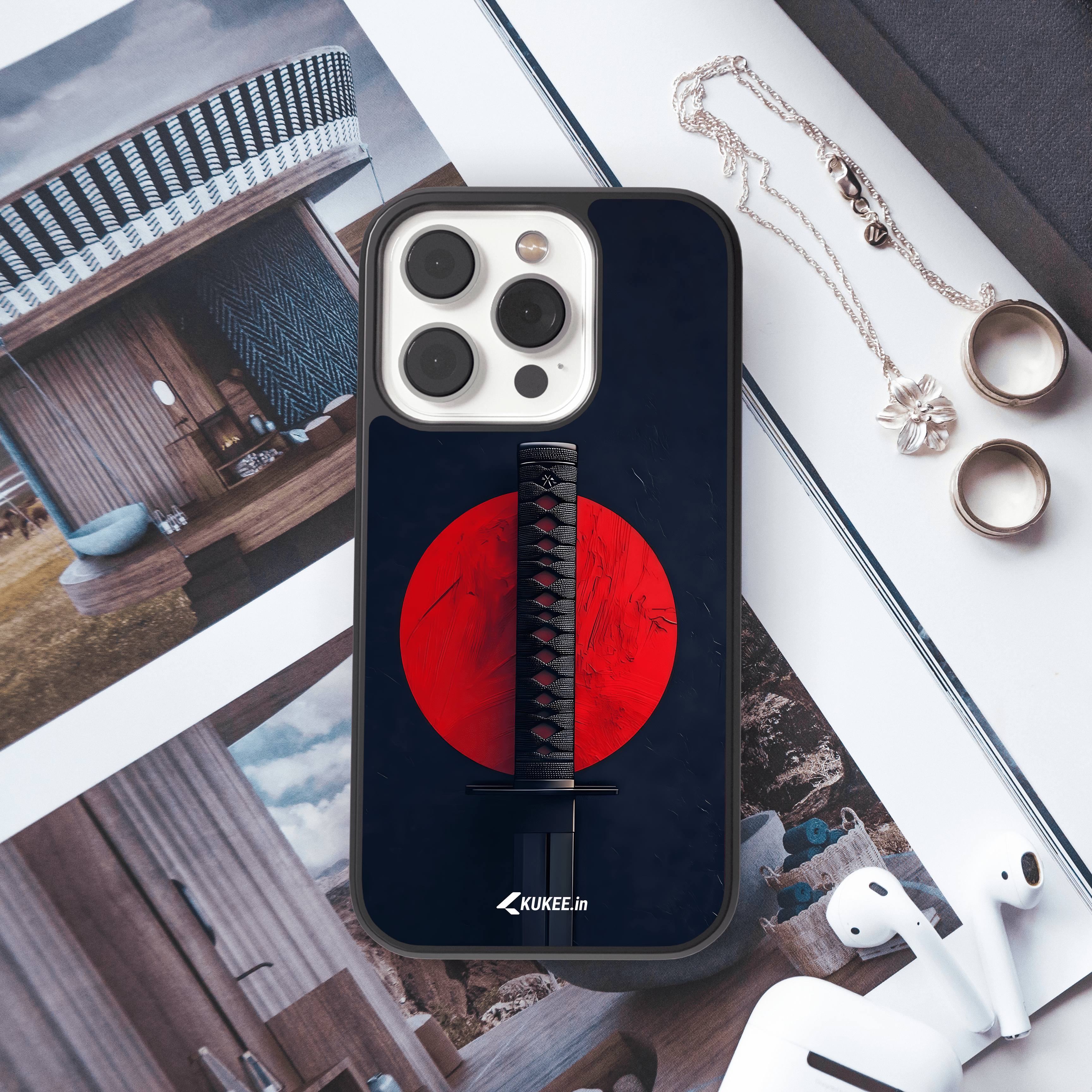 Minimalist Katana Art Mobile Cover - Bold Red and Black Design