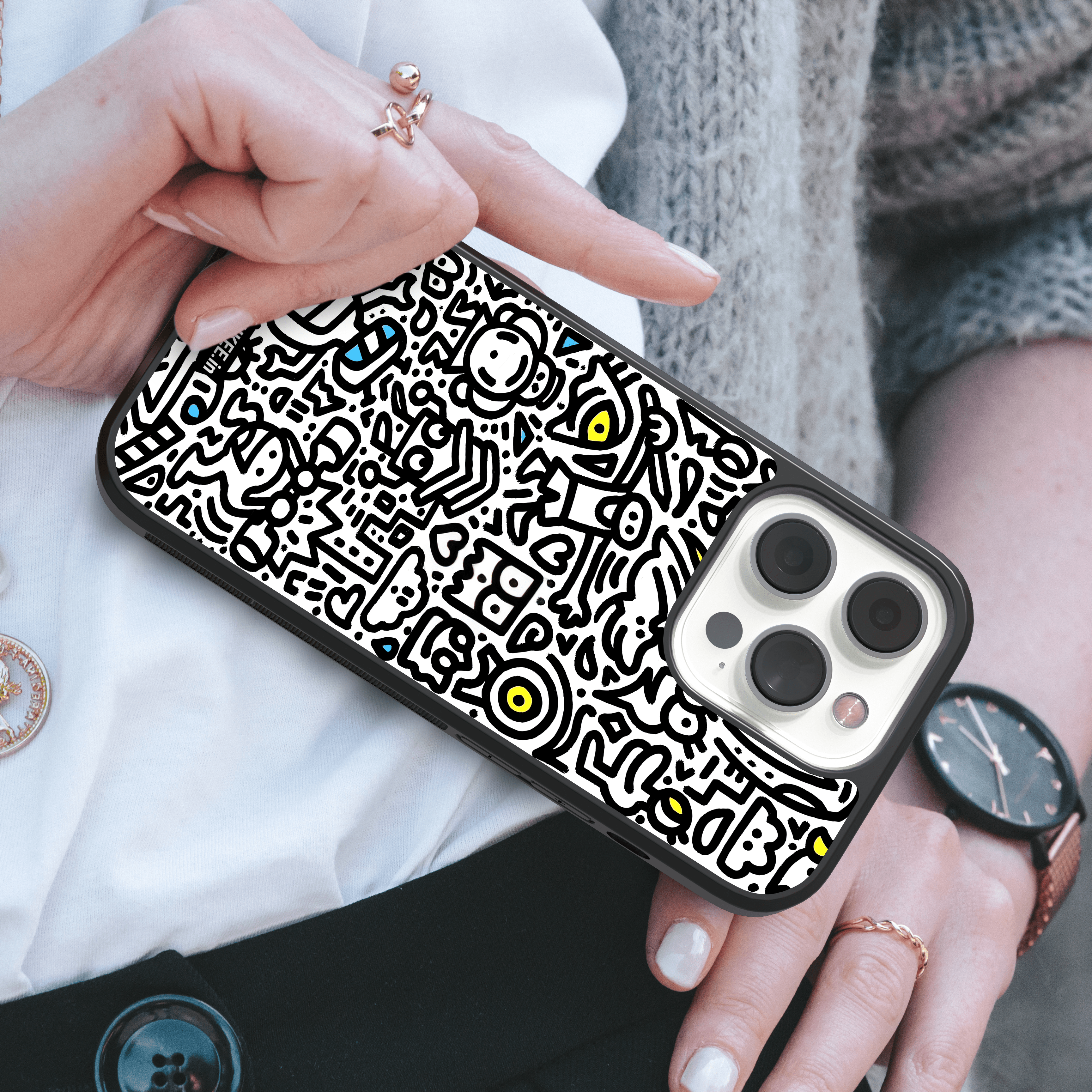 Doodle Style Mobile Case - Black & White with Color Accents