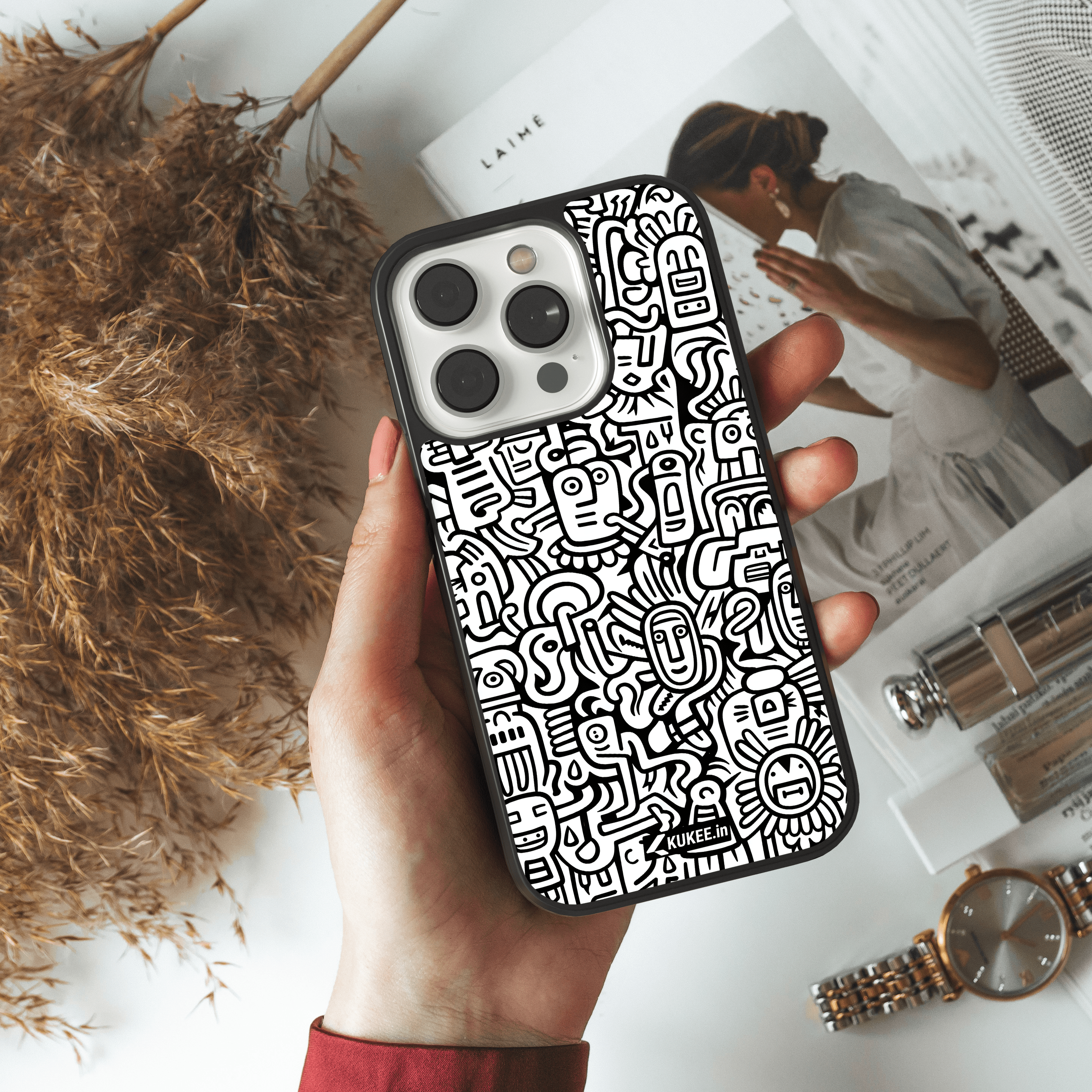 Doodle Style Mobile Case - Black and White Abstract Art