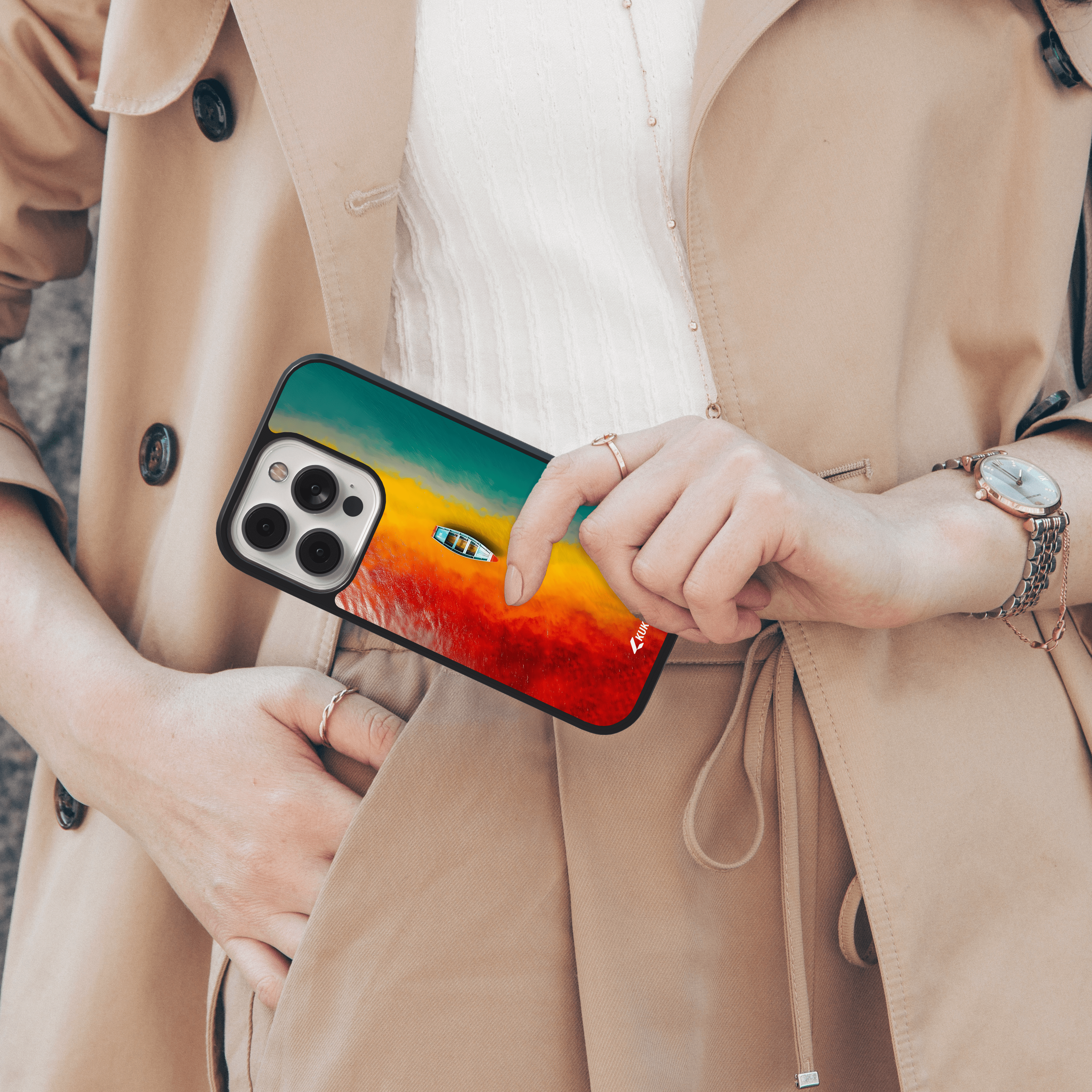 Vibrant Water Mobile Cover - Abstract Boat Landscape