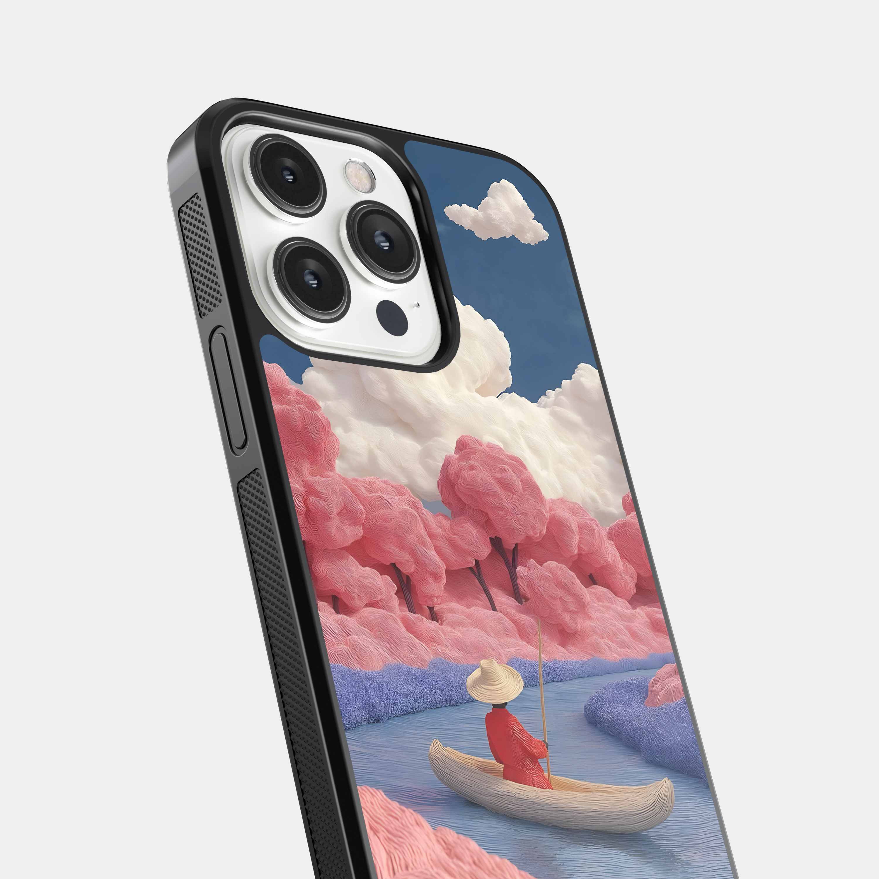 Whimsical River Scene Mobile Cover - Textured Pink Forest Art