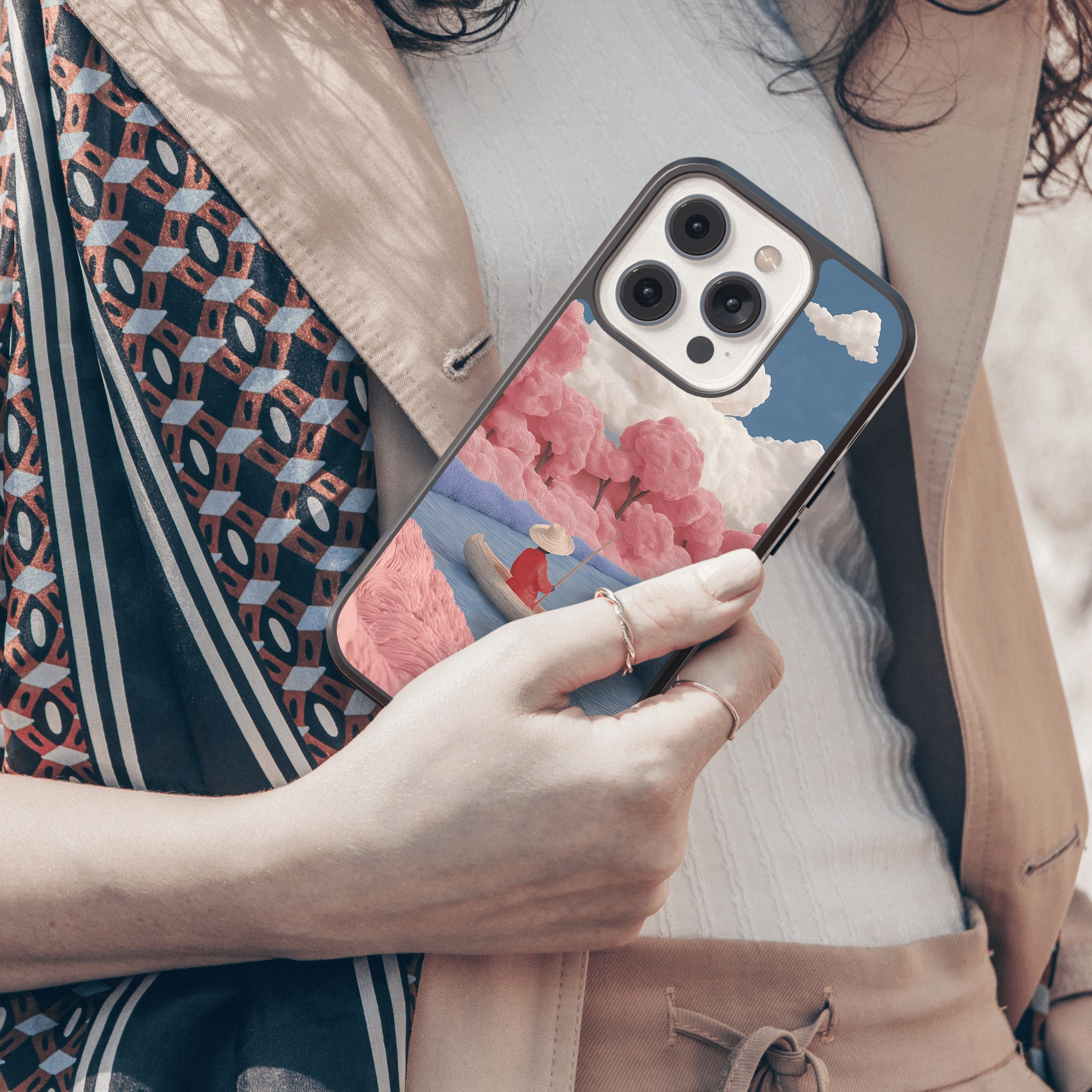 Whimsical River Scene Mobile Cover - Textured Pink Forest Art